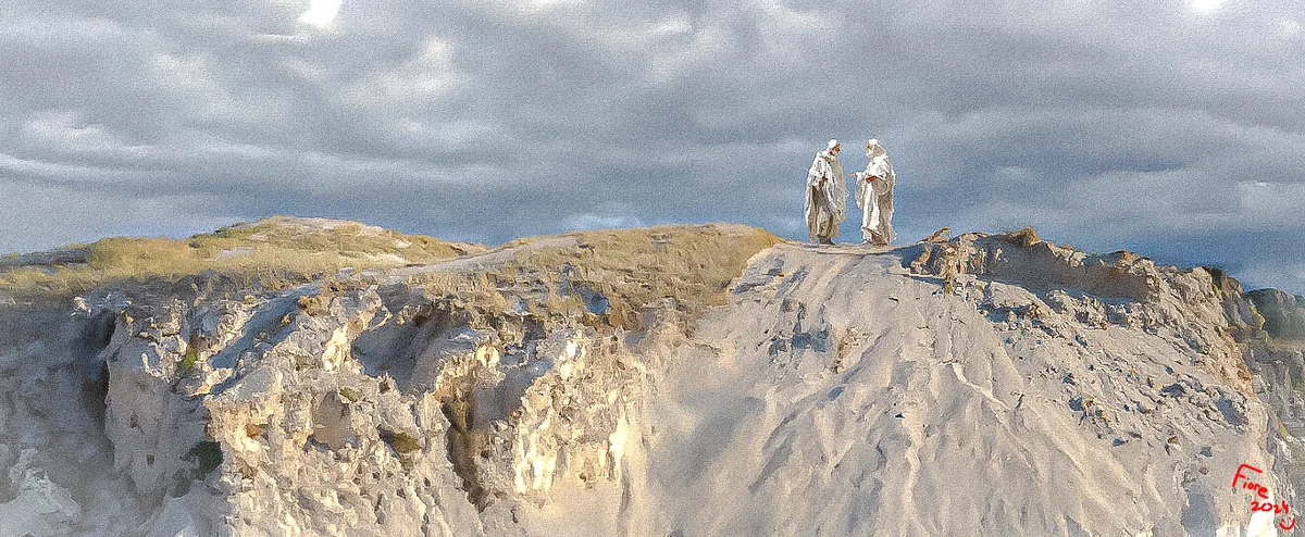 Two pale-robed figures face each other atop a bright cliff under a dark sky