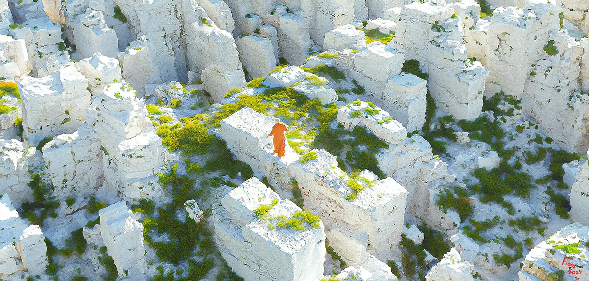 A small orange-robed figure threads through pale, moss-covered stone ruins