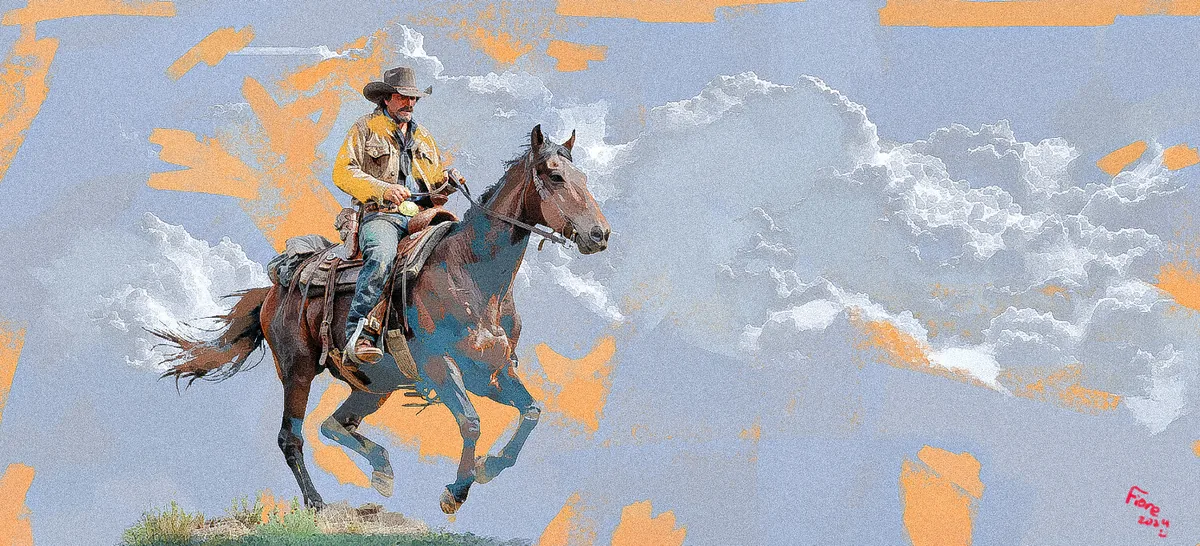 A cowboy rides a leaping horse across a pale blue and orange painted field