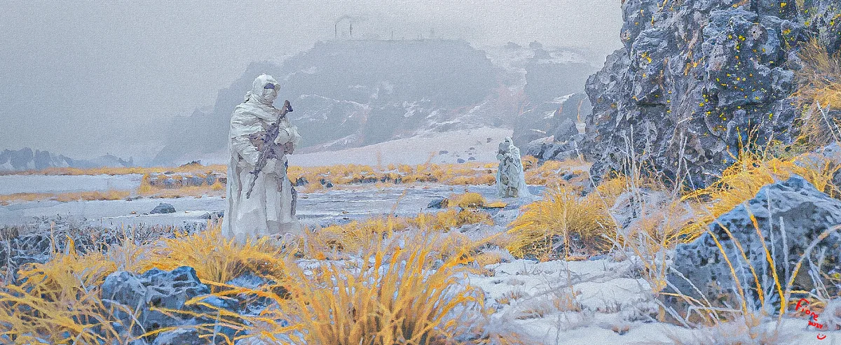 White-clad figures carrying rifles move through an icy valley edged with golden grass