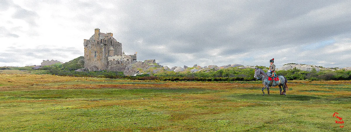 A rider crosses a wide field opposite a weathered castle beneath a gray sky