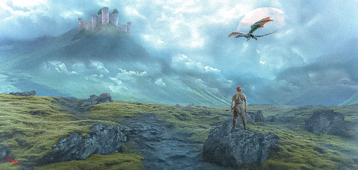 A lone figure watches a dragon circle between a distant castle and a luminous moon