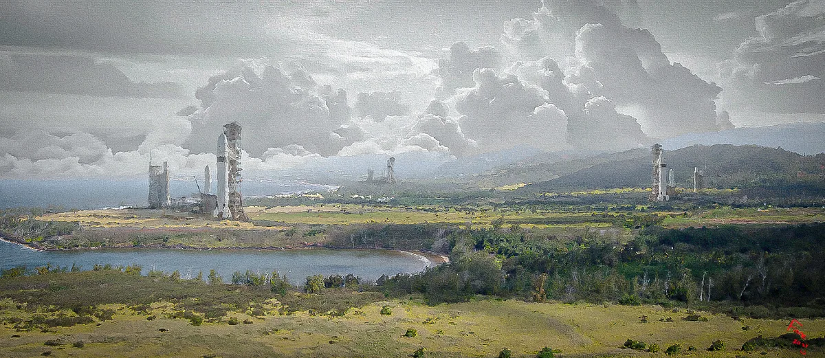 Distant launch towers punctuate a green valley beneath towering silver clouds