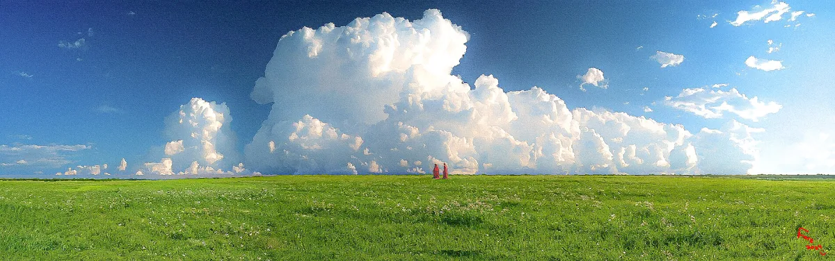 Two tiny red figures walk across a green field beneath a vast wall of sunlit clouds