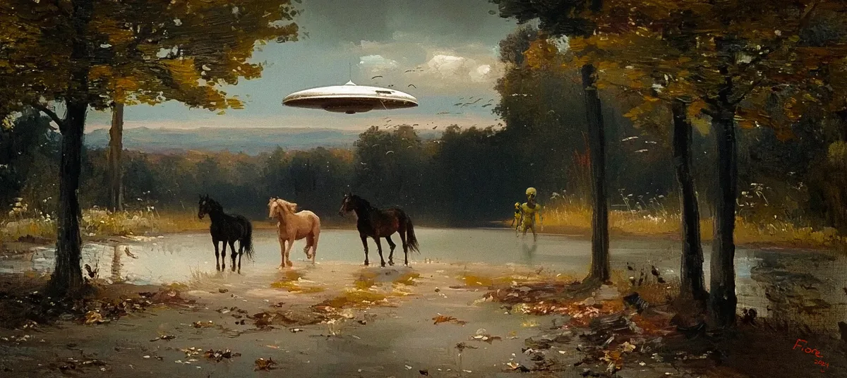Three horses and a humanoid figure stand in a forest clearing beneath a hovering craft