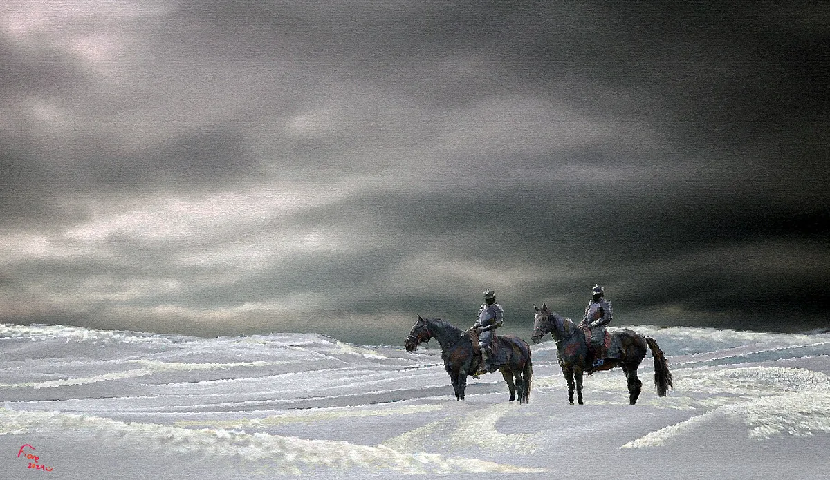 Two mounted riders pause in a snow-covered plain beneath a dark advancing storm