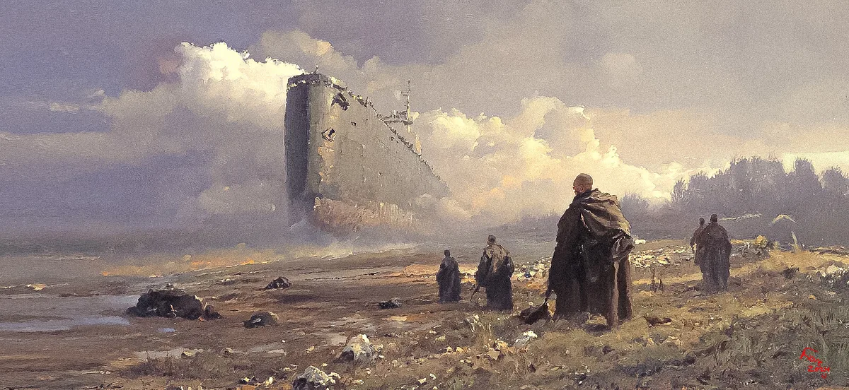 Cloaked travelers approach a colossal grounded vessel through a misty field