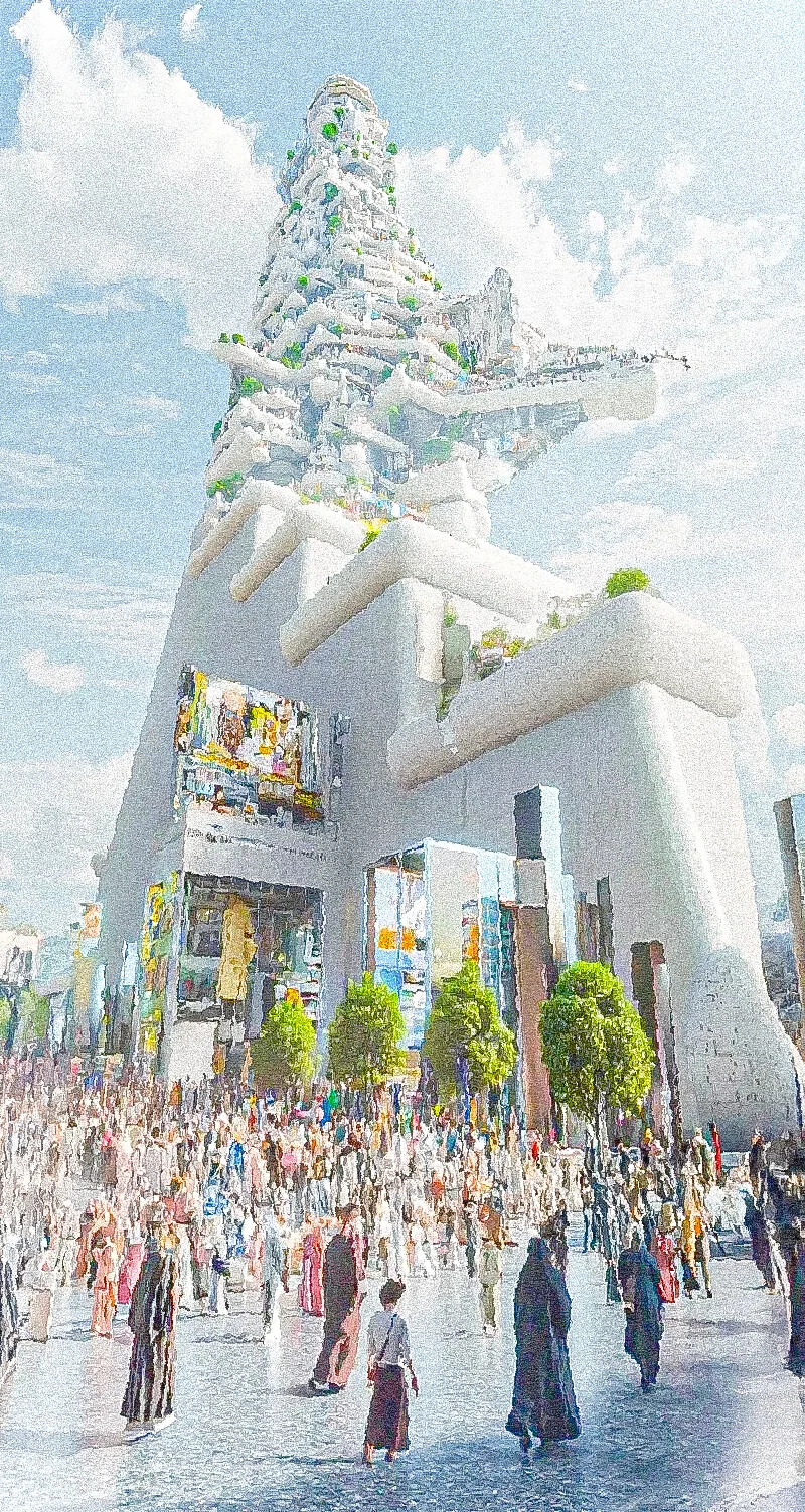 Crowds gather at the foot of a bright, densely stacked white megastructure