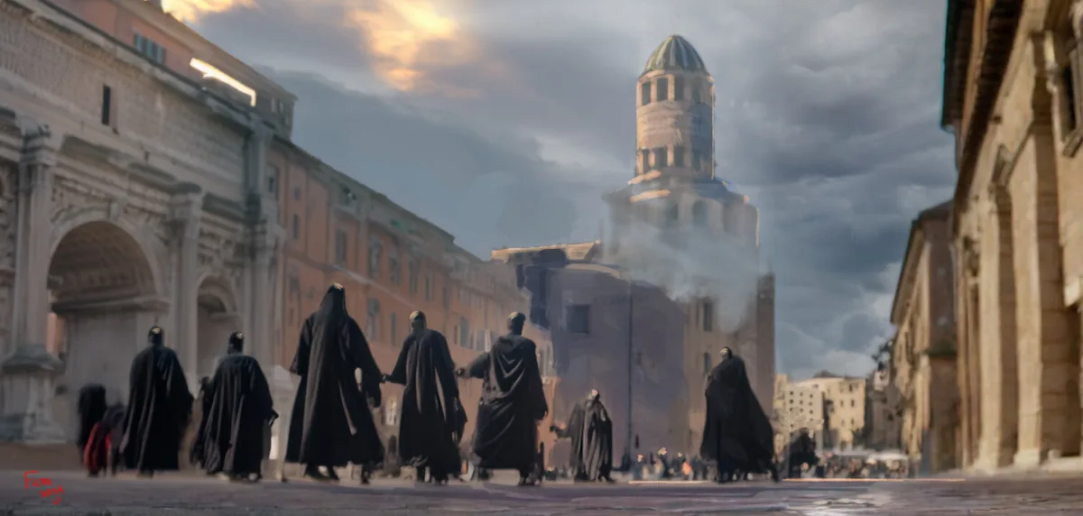 Black-cloaked figures cross a smoky piazza beneath a domed tower and storm clouds