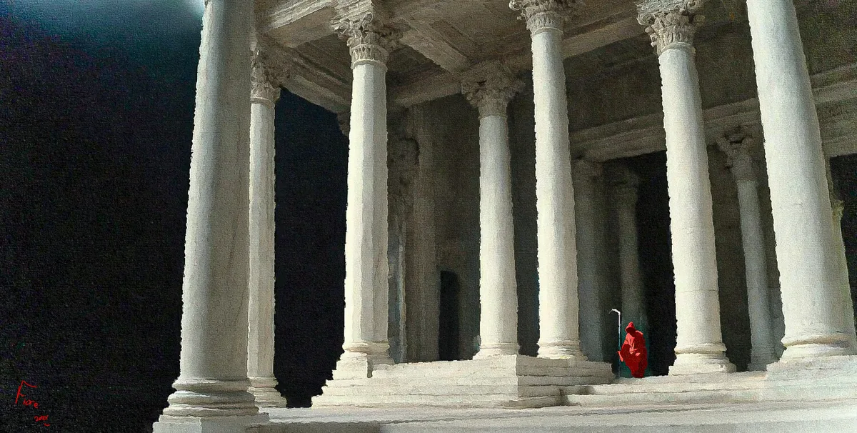 A red-robed keeper stands between immense white columns at the edge of darkness