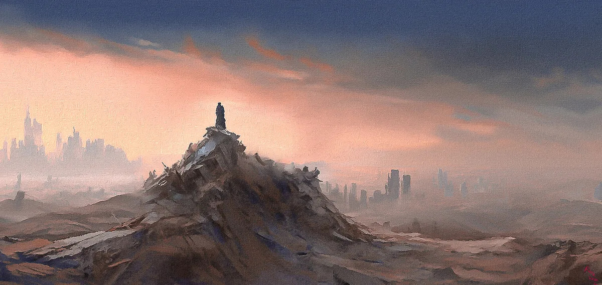 A solitary figure stands on a jagged mound before hazy ruins under a coral-lit sky