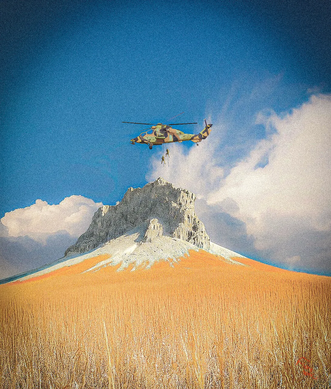 A helicopter lifts two figures above an isolated stone peak rising from an amber plain