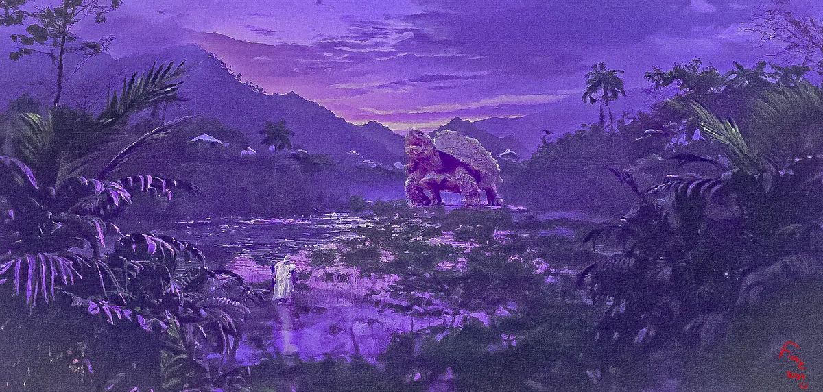 A giant turtle-like creature rises from a violet jungle while a small figure watches
