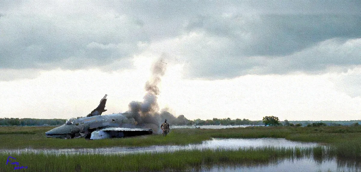 A lone figure stands beside a smoking wreck in a flat marsh under heavy clouds