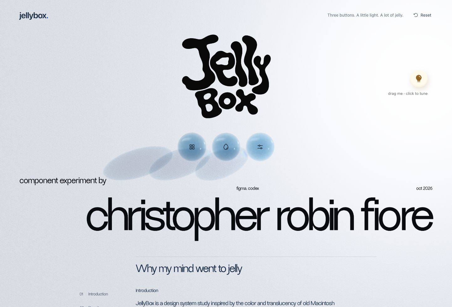 JellyBox in the browser: a black organic logo above three translucent blue buttons and a movable light on a textured surface