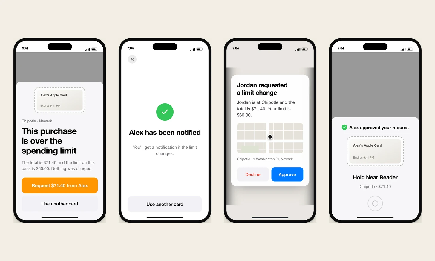 Four design renders of the path when a purchase goes over a limit: the recipient sees the reason without the amounts in large type, a finished state reading that the owner has been notified, the owner's request sheet with Approve and Decline, and the approved retry