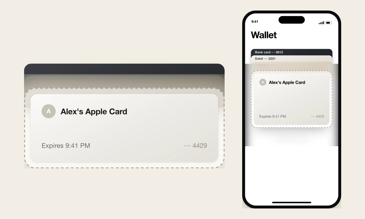 Two design renders. On the left, a card with a dashed edge reading "Alex's Apple Card" and "Expires 9:41 PM", tucked under two solid-edged cards. On the right, a phone showing the same card at the bottom of a Wallet stack