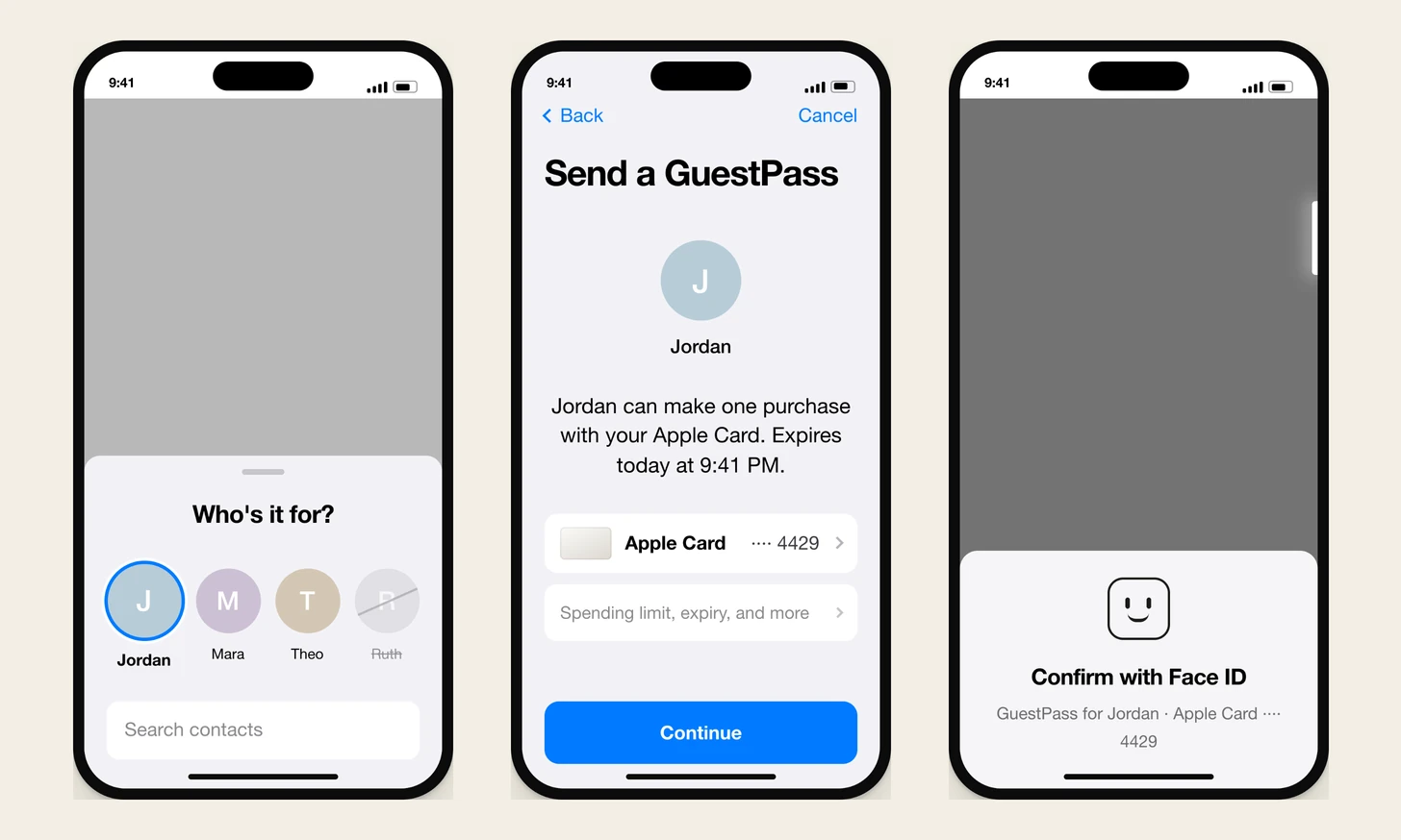 Three design renders of the sending flow: a sheet asking who it is for with contact circles, a review screen with one sentence, a collapsed options row and a Continue button, and the Face ID confirmation that follows it