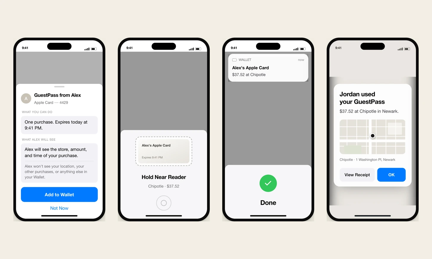 Four design renders: the sheet where the recipient reads what the owner will see and adds the card to their Wallet, the payment sheet, the approved checkmark, and the owner's notification naming the store, the amount, the time, and a map of the store