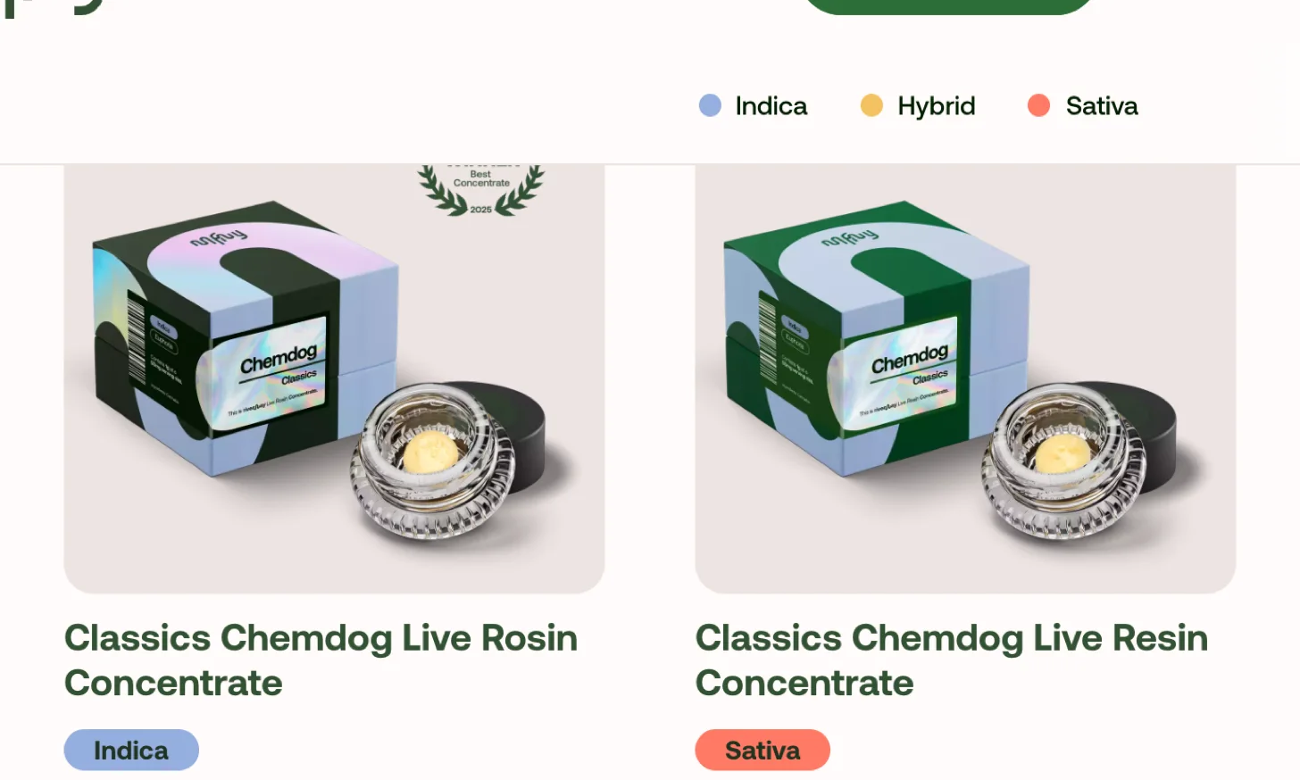 The live mfny concentrates page: two adjacent cards both titled Classics Chemdog Live Rosin Concentrate and Classics Chemdog Live Resin Concentrate, tagged Indica and Sativa