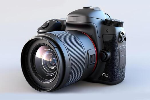 A lens mounted on a camera body, three-quarter view.